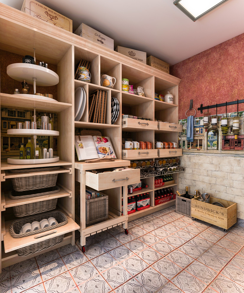 This is an example of a mid-sized mediterranean u-shaped kitchen pantry in Los Angeles with shaker cabinets, light wood cabinets and ceramic floors.