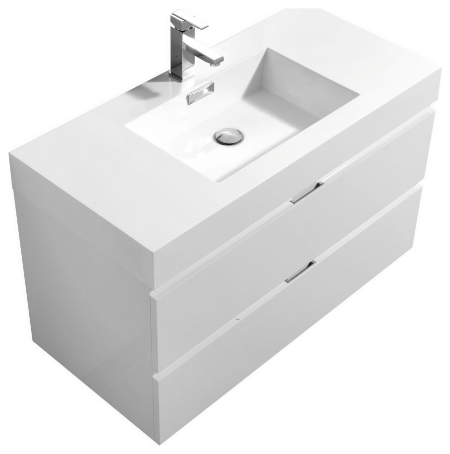 Bliss 40" High Gloss White Wall Mount Modern Bathroom Vanity, 23.5"H x