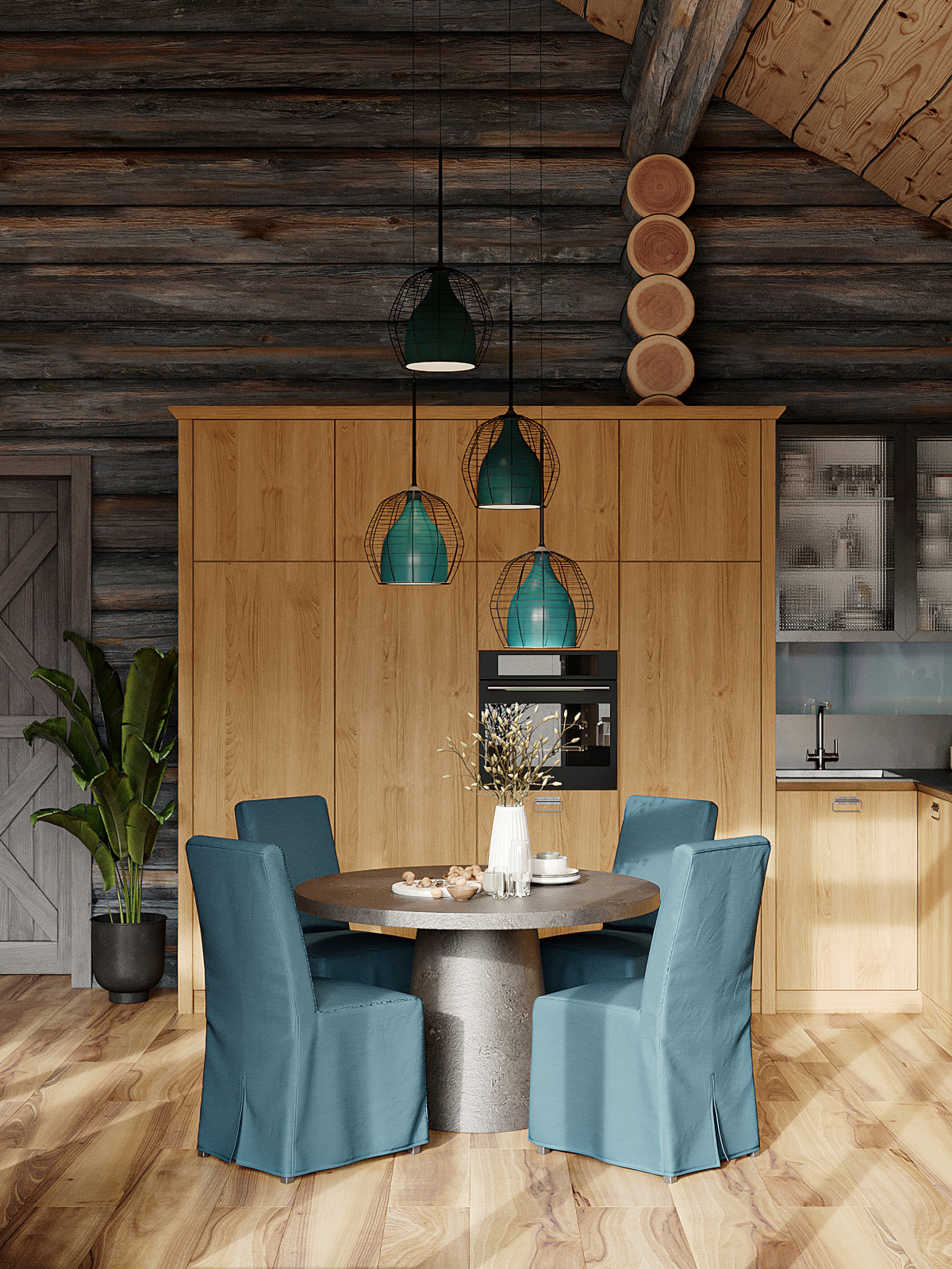 Дом из кело для рыбалки. Кухня-гостиная