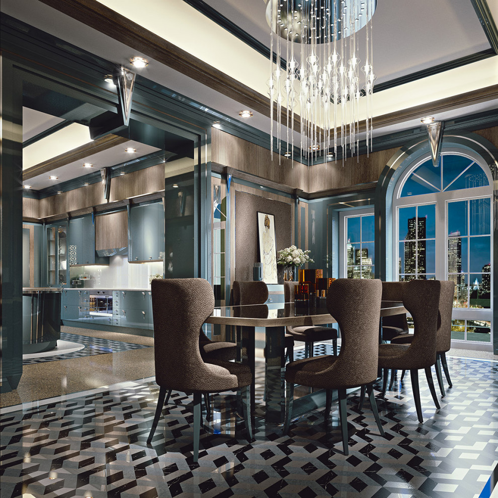 Exemple d'une très grande salle à manger ouverte sur la cuisine tendance avec un mur marron et un sol en marbre.