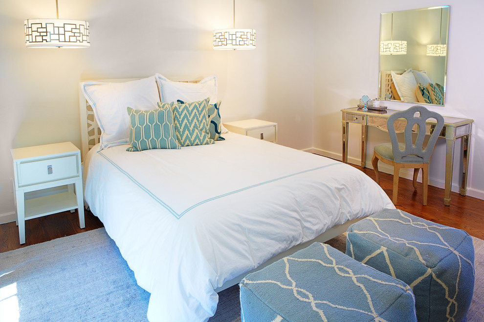 This is an example of a mid-sized transitional kids' room in Dallas with white walls and medium hardwood floors.