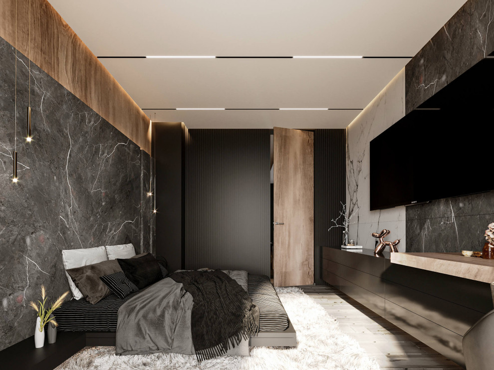 Ejemplo de dormitorio principal moderno grande con paredes negras, suelo de baldosas de porcelana y suelo gris