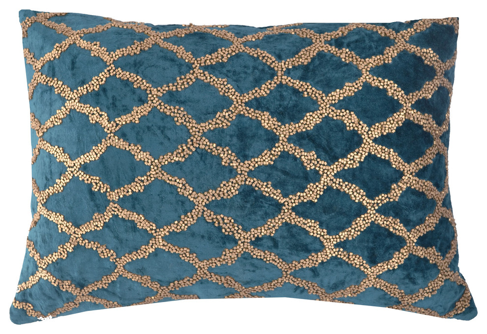 Velvet Pillow With Beadwork, Teal and Gold, 14"x20"
