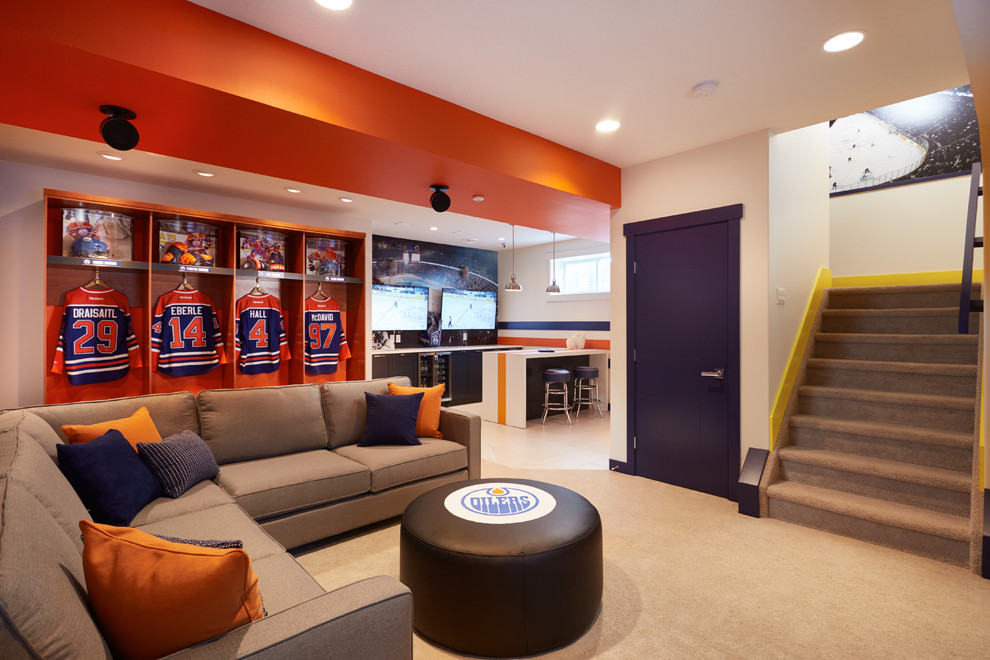 Contemporary look-out basement in Edmonton with multi-coloured walls and carpet.