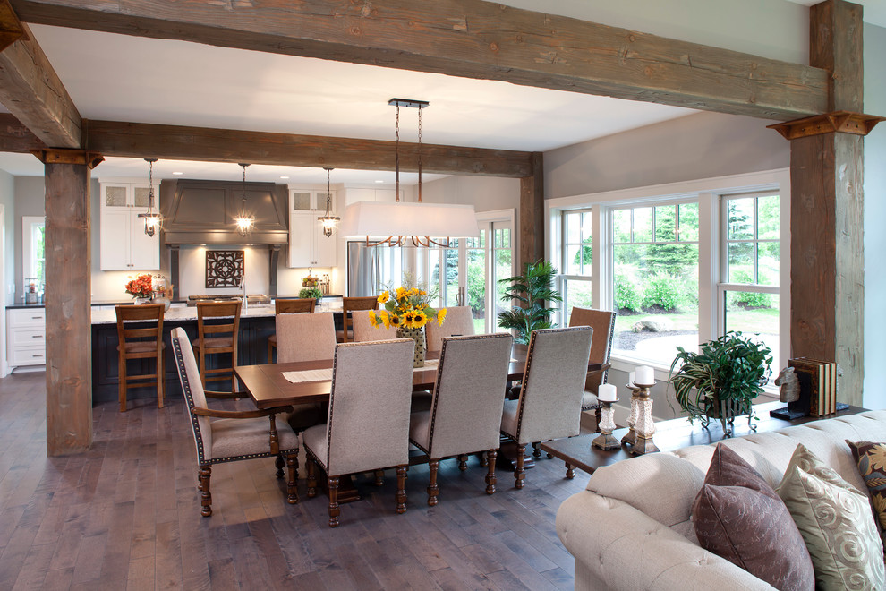 Inspiration for a traditional open plan dining in Minneapolis with grey walls and dark hardwood floors.