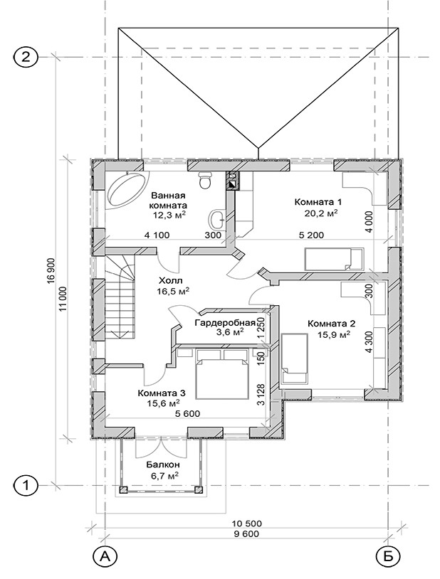 Проект двухэтажного дома с террасой, балконом, крыльцом и тамбуром