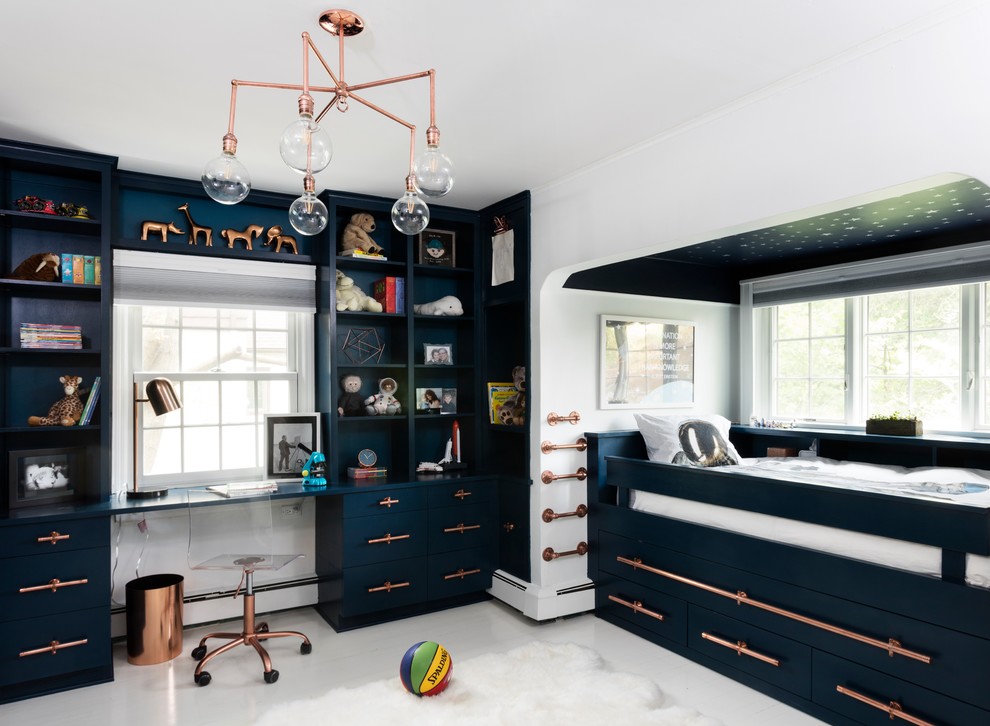 This is an example of a mid-sized contemporary kids' bedroom for kids 4-10 years old and boys in New York with white walls, painted wood floors and white floor.