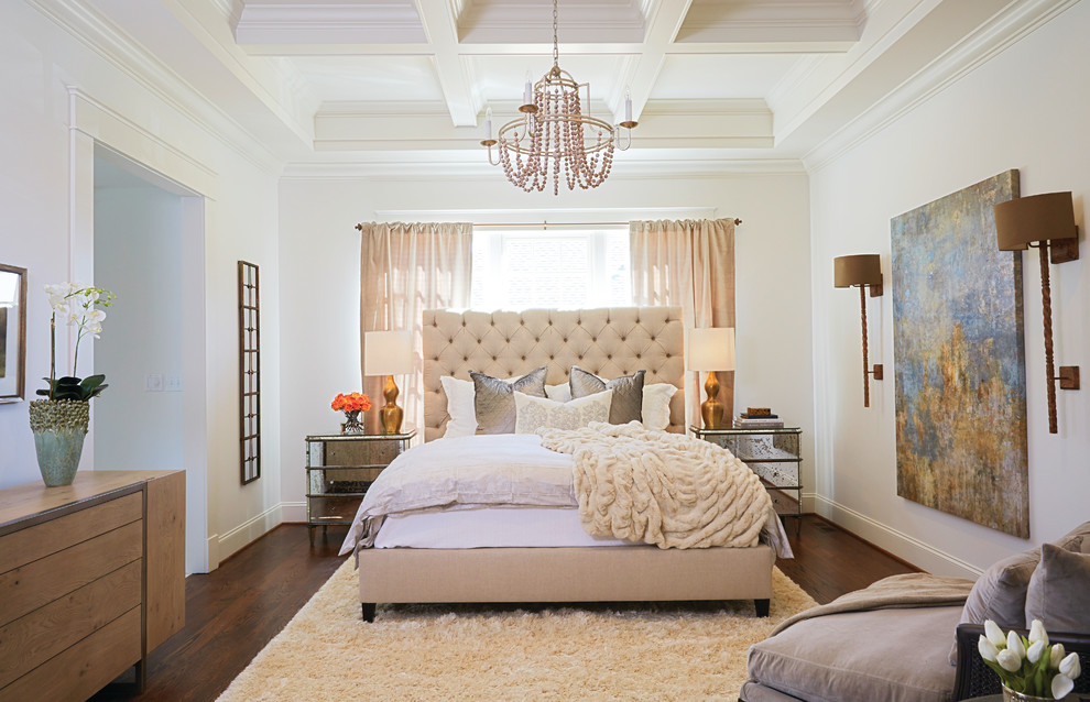 Inspiration for a contemporary master bedroom in Birmingham with white walls and dark hardwood floors.