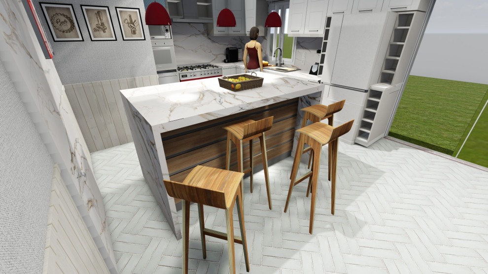 Inspiration for a small contemporary l-shaped vinyl floor, gray floor and tray ceiling kitchen pantry remodel with a double-bowl sink, white cabinets, granite countertops, white backsplash, granite backsplash, white appliances, an island and white countertops