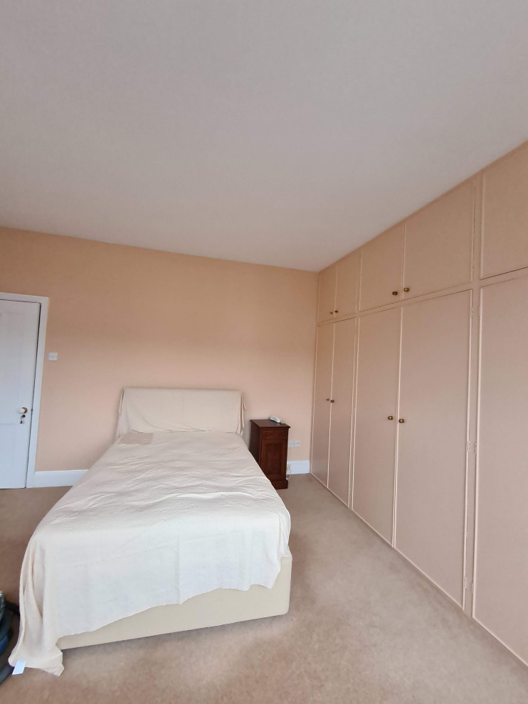 Идея дизайна: большая хозяйская спальня в классическом стиле с розовыми стенами, ковровым покрытием, бежевым полом и многоуровневым потолком