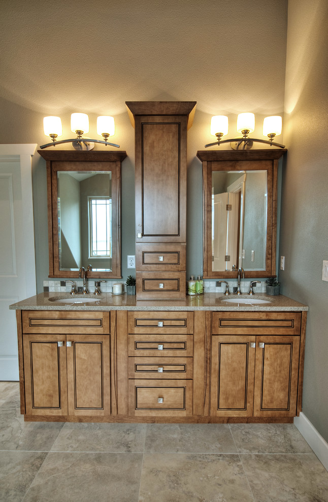 Inspiration for a traditional master bathroom in Other with an undermount sink, beaded inset cabinets, light wood cabinets, granite benchtops, grey walls and ceramic floors.