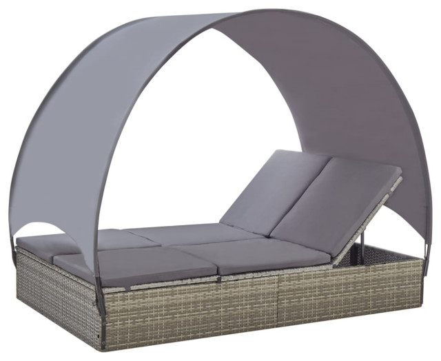 vidaXL Double Sun Lounger With Canopy Poly Rattan Gray