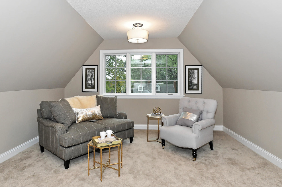 Design ideas for a large transitional master bedroom in Minneapolis with grey walls, carpet, no fireplace and beige floor.