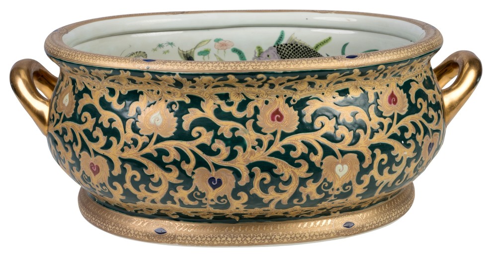 Beautiful Green and Gold Porcelain Foot Bath, 21" Asian Indoor Pots