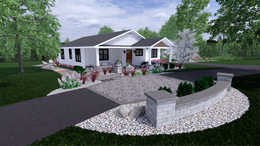 Idee per un grande portico moderno davanti casa con pavimentazioni in cemento, un tetto a sbalzo e parapetto in legno