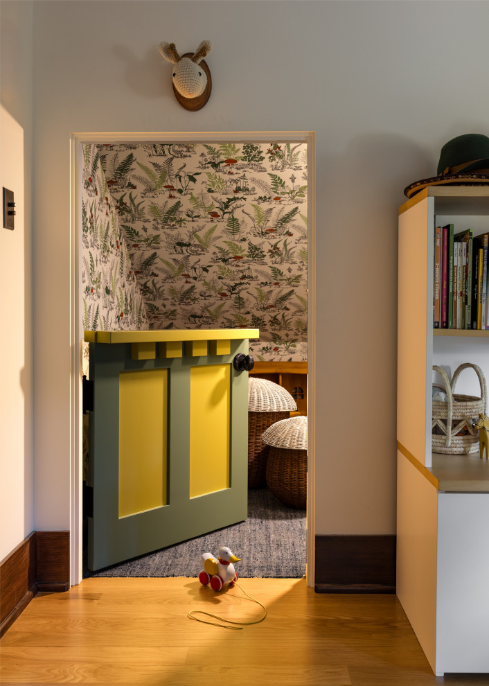 Inspiration for a small eclectic gender-neutral carpeted, blue floor, wallpaper ceiling and wallpaper playroom remodel in Seattle