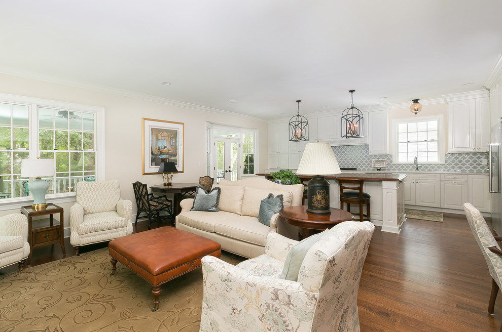 Mid-sized contemporary formal open concept living room in Charleston with beige walls, medium hardwood floors and brown floor.