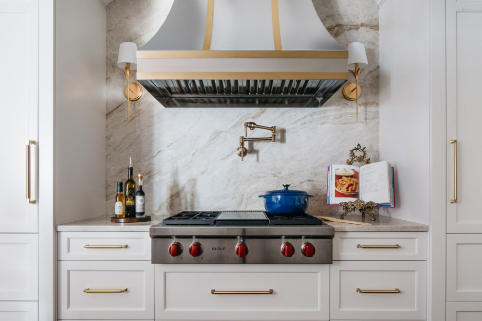 Large transitional dark wood floor and brown floor eat-in kitchen photo in Chicago with recessed-panel cabinets, white cabinets, granite countertops, beige backsplash, a peninsula and beige countertops