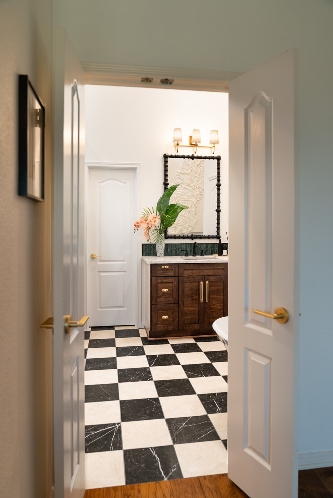 Freestanding bathtub - mid-sized transitional master green tile and marble tile marble floor and double-sink freestanding bathtub idea in Austin with shaker cabinets, dark wood cabinets, a one-piece toilet, white walls, an undermount sink, quartz countertops, a hinged shower door, white countertops and a built-in vanity