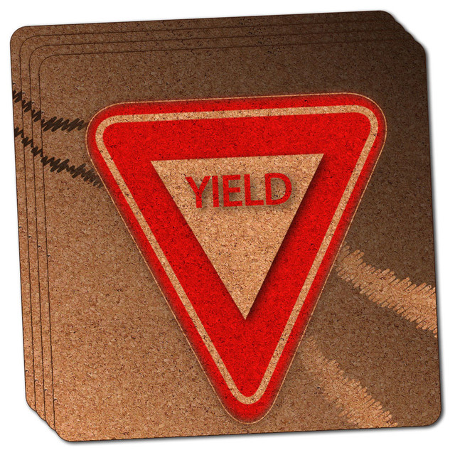 Yield Stylized Red Grey Triangular Sign Thin Cork Coaster Set of 4