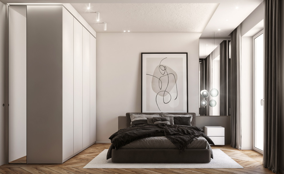 Photo of a mid-sized contemporary master bedroom in Turin with white walls, medium hardwood floors, brown floor and recessed.