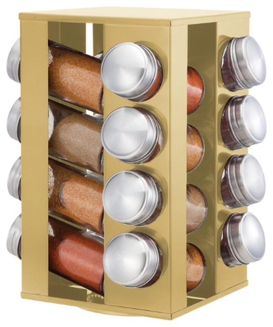 Rotating Stainless Steel Spice Rack With 16 Glass Jars, Gold