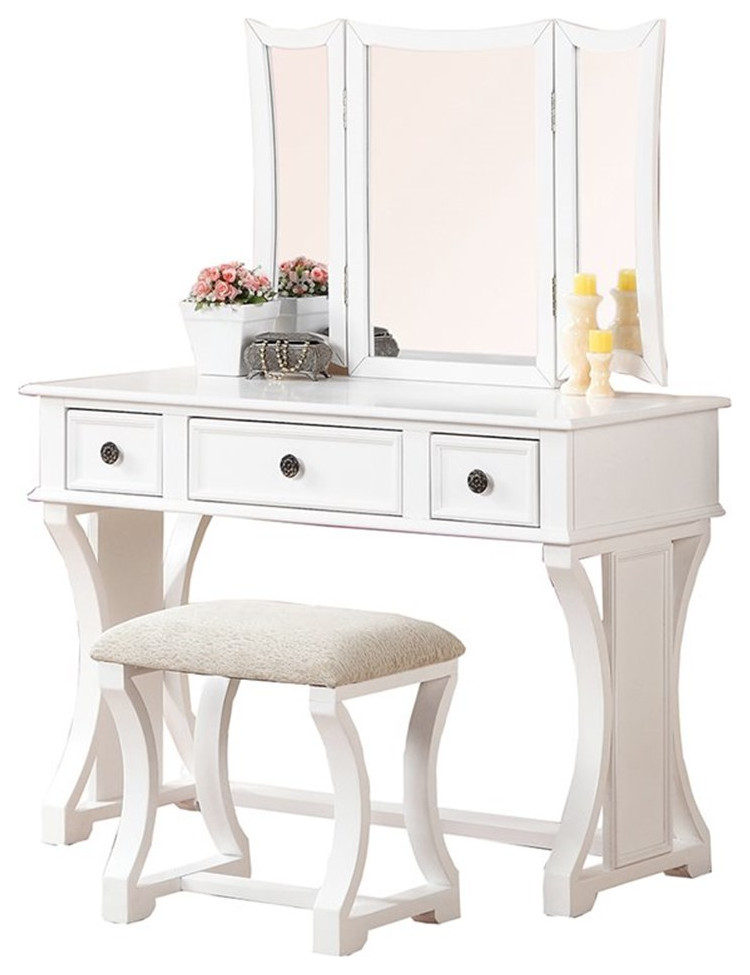 Bowery Hill Furniture Wood Vanity Set with Stool and Mirror in White