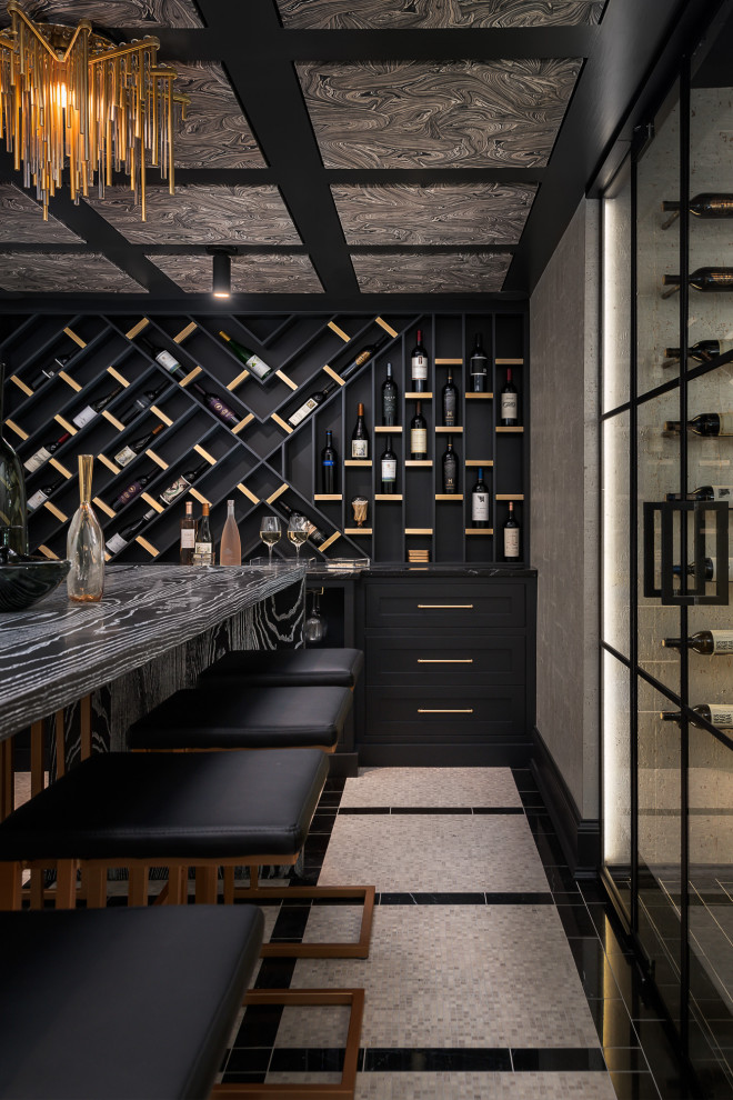 Basement - large transitional underground vinyl floor and brown floor basement idea in Chicago with gray walls, a standard fireplace and a stone fireplace