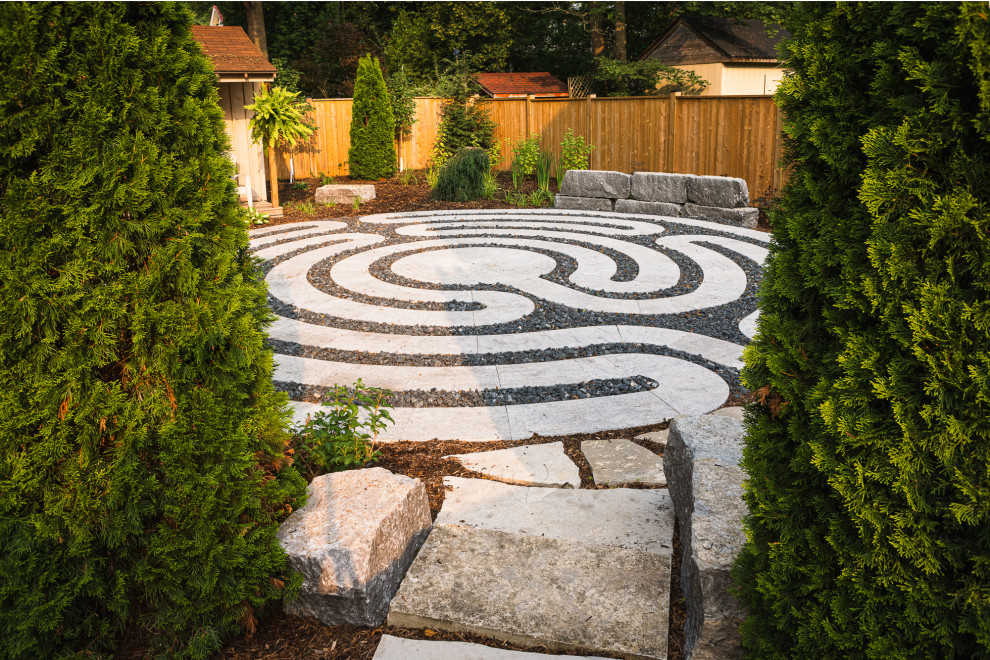 Mid-sized contemporary backyard partial sun garden in Toronto with with path and natural stone pavers.