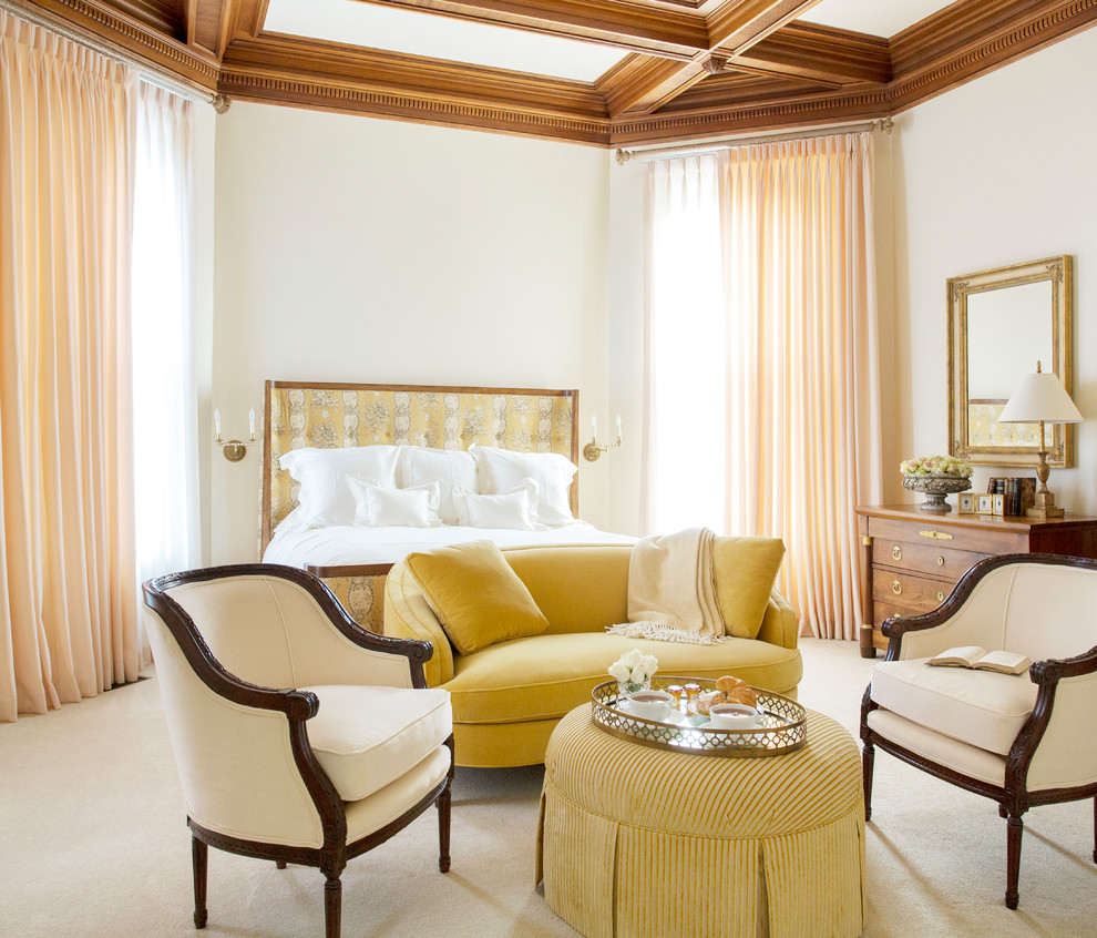 Large elegant master carpeted and white floor bedroom photo in Boston with white walls