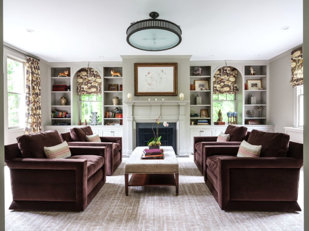 Inspiration for a traditional formal enclosed living room in DC Metro with grey walls and a standard fireplace.