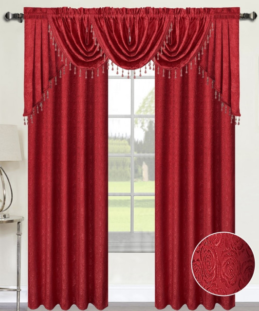 Angelina Damask 7 Piece Curtain Beaded Austrian Valances And Swag