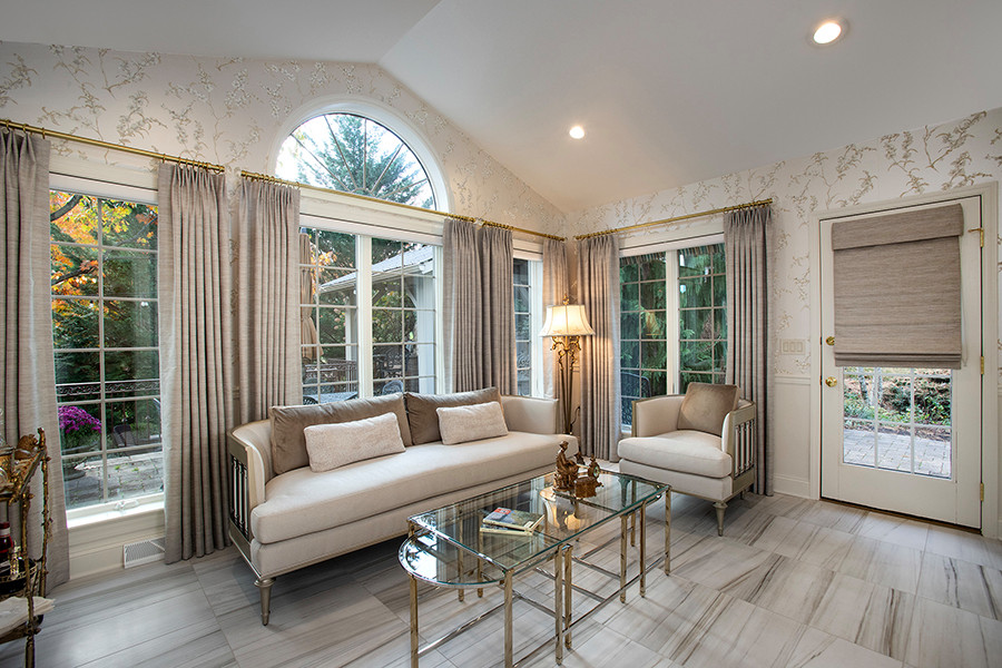 Sunroom - mid-sized transitional porcelain tile and beige floor sunroom idea