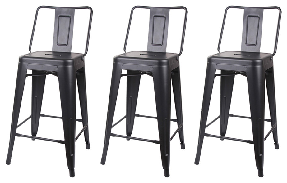 Highback Black Metal Bar Stools, Set of 3 Industrial Bar Stools And