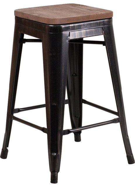 24" High Backless Black-Antique Gold Metal Counter Height Stool,Square Wood Seat