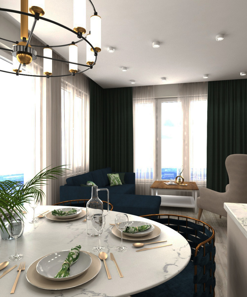 Дизайн кухни-гостиной с тропическими обоями