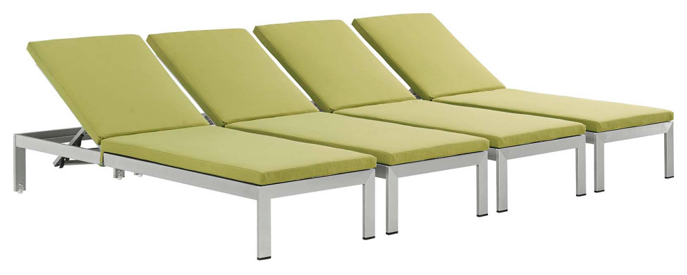 Shore Set of 4 Outdoor Patio Aluminum Chaises With Cushions, Silver/Peridot