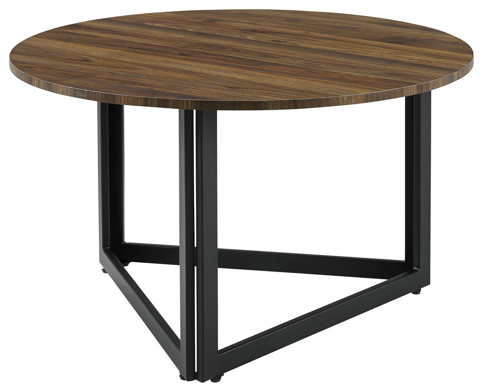 32" Modern Metal Base Round Coffee Table, Dark Walnut Industrial
