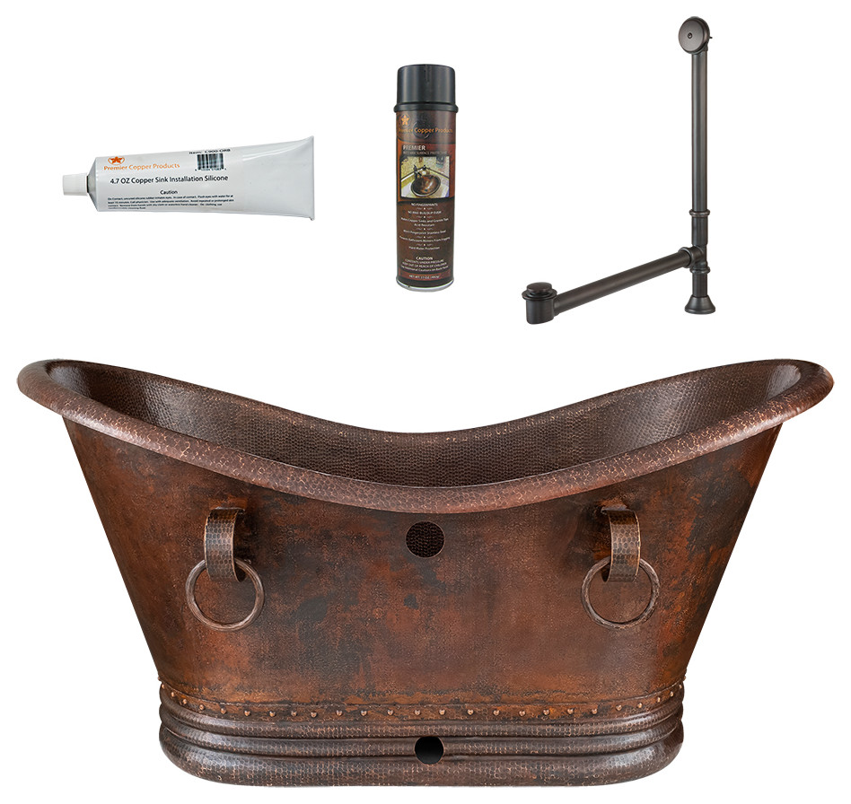 60" Hammered Copper Double Slipper Bathtub, Rings, Overflow Holes & Drain Farmhouse Bathtubs