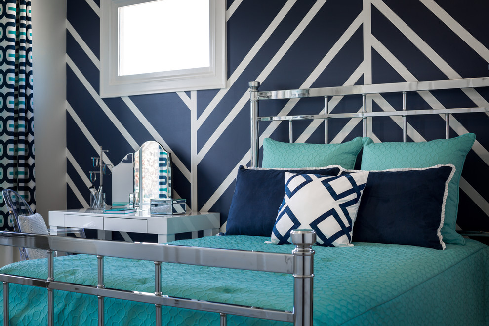 Inspiration for a mid-sized eclectic kids' room for girls in Atlanta with blue walls and carpet.