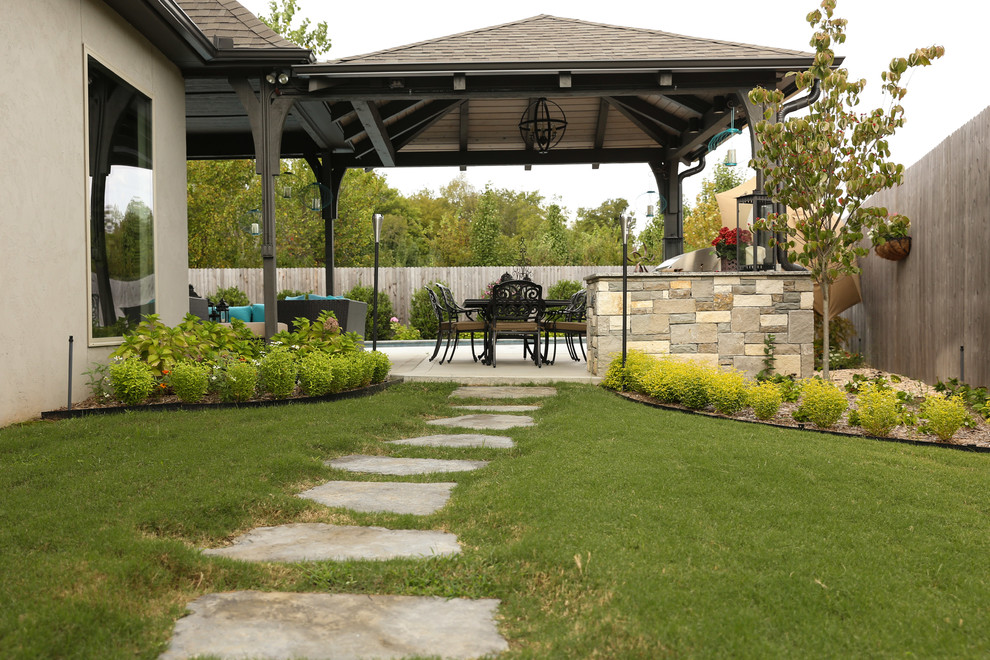 Inspiration for a mid-sized transitional partial sun backyard stone formal garden.