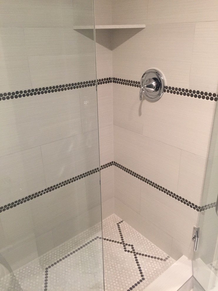 This is an example of a small transitional master bathroom in Salt Lake City with an open shower, beige tile, ceramic tile and porcelain floors.
