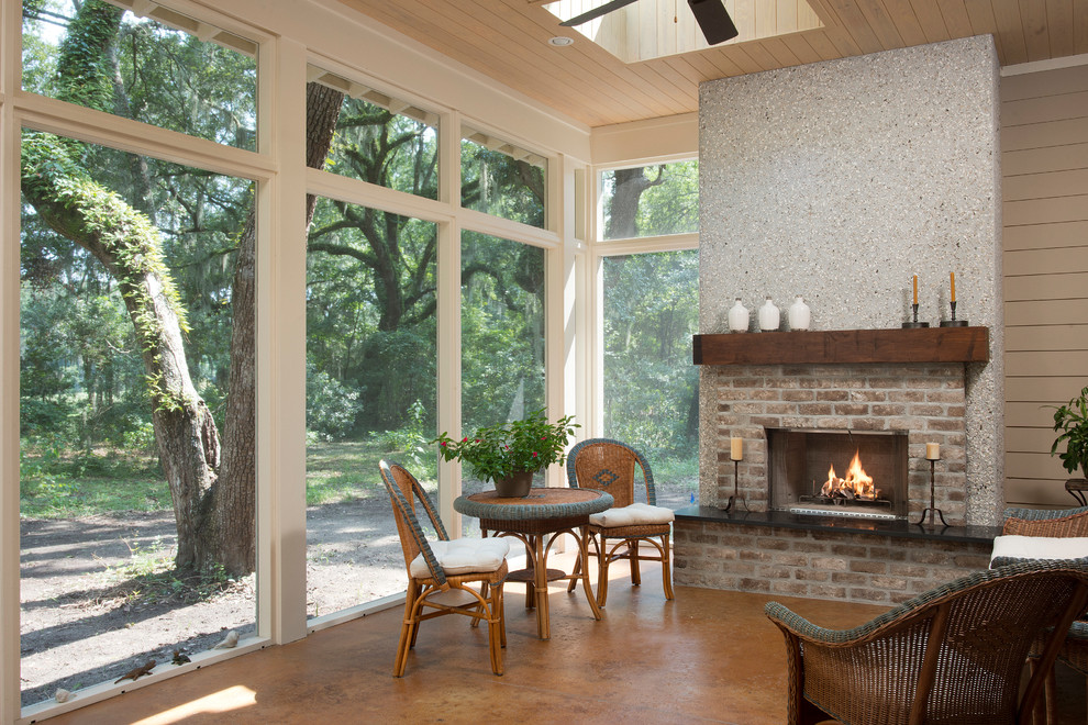 Mid-sized beach style verandah in Charleston with a fire feature.
