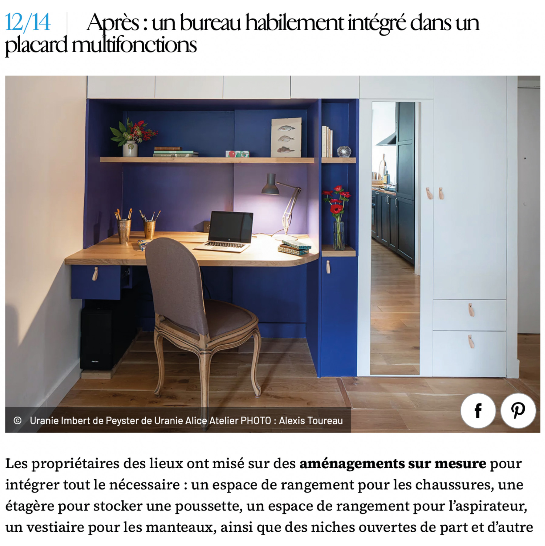 Marie Claire maison télétravail article bureau sur mesure par Uranie Alice Atelier