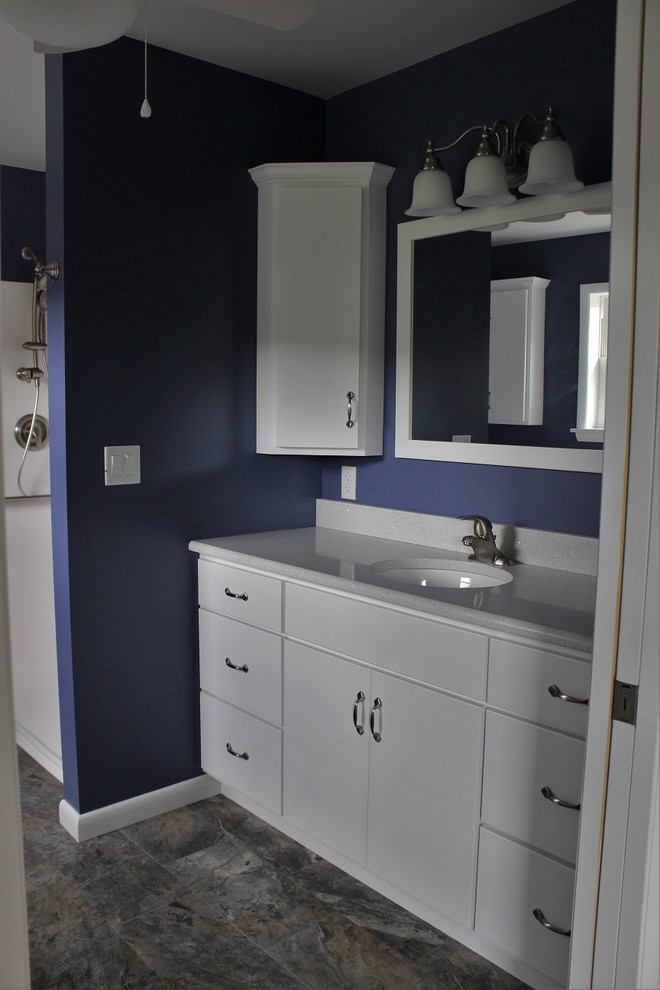 Mid-sized transitional master bathroom in Philadelphia with flat-panel cabinets, white cabinets, a curbless shower, purple walls, linoleum floors, an undermount sink and engineered quartz benchtops.
