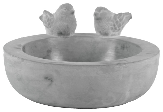 Cement Round Bird Bath with 2 Figurine and Engraved Floral Motif, Gray ...