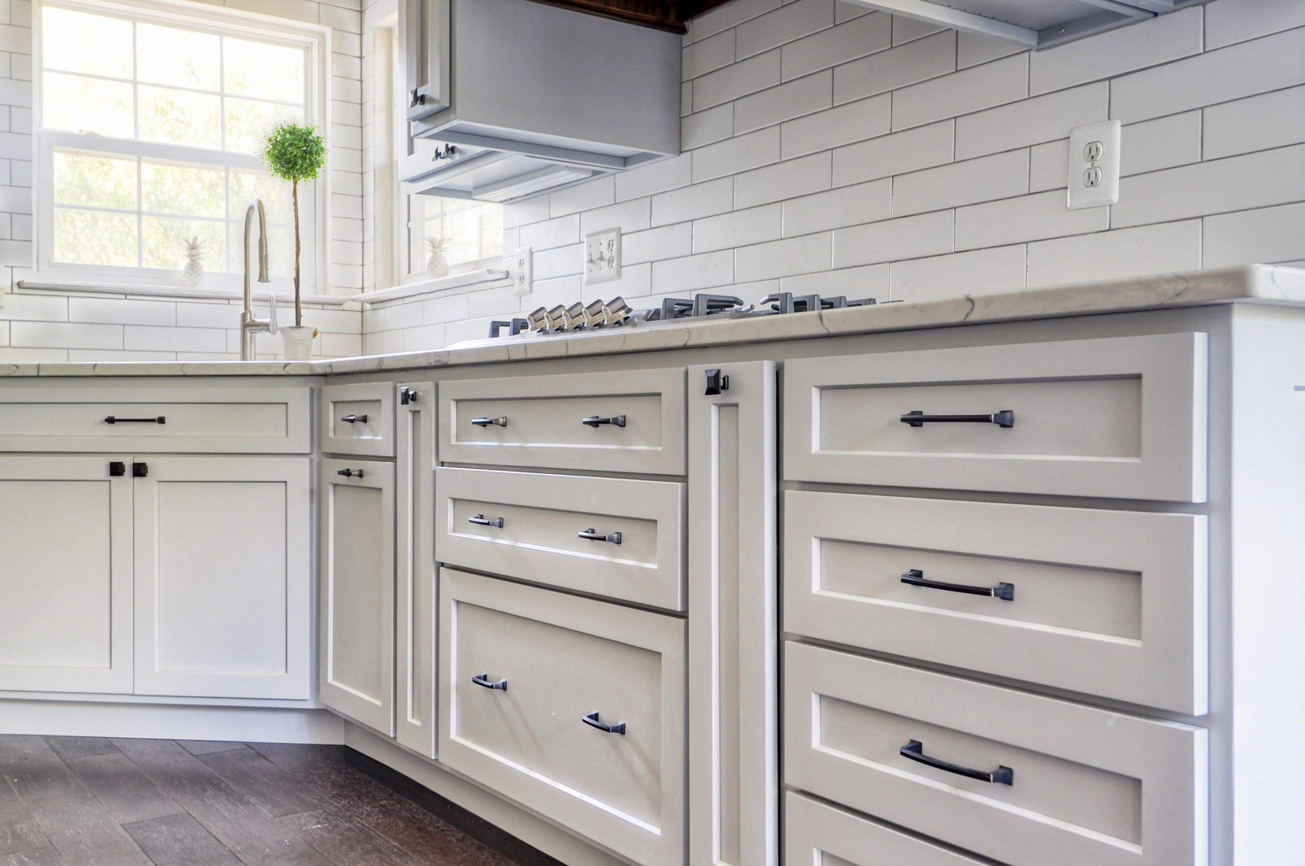 Storm (AF-700) Gray Painted Cabinets with Warm Natural Walnut Accents