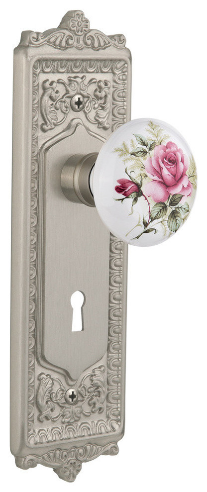 Double Egg and Dart Plate With Rose Porcelain Knob, Satin Nickel