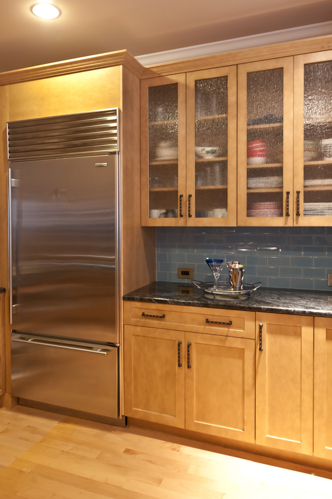 Glass-front cabinets & fridge