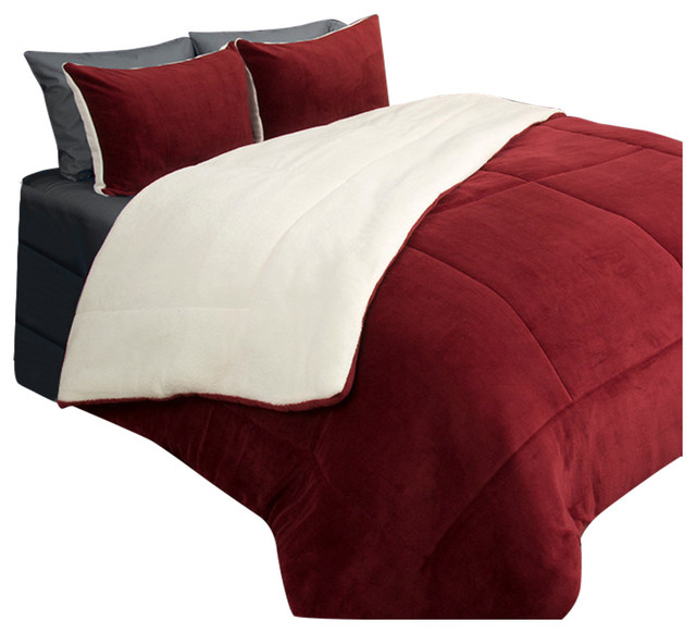 Lavish Home 2 Piece Sherpa/Fleece Comforter Set, Twin, Burgundy Comforters And Comforter Sets